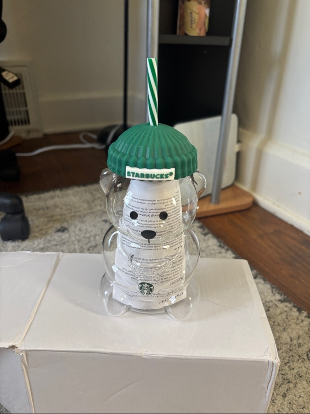 Starbucks Clear Bear Tumbler with Green Beanie Lid and Striped Straw